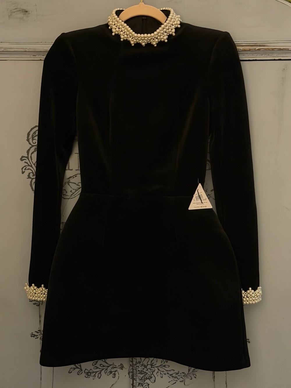 Nadine Merabi Audrina Black Velvet Pearl Trim Mini Dress XS/2 NWT - Picture 9 of 11